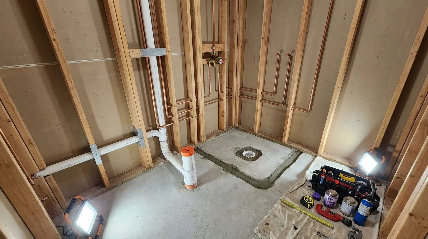 Bathroom rough-in plumbing during remodel by Johns Plumbing LLC in Park Forest