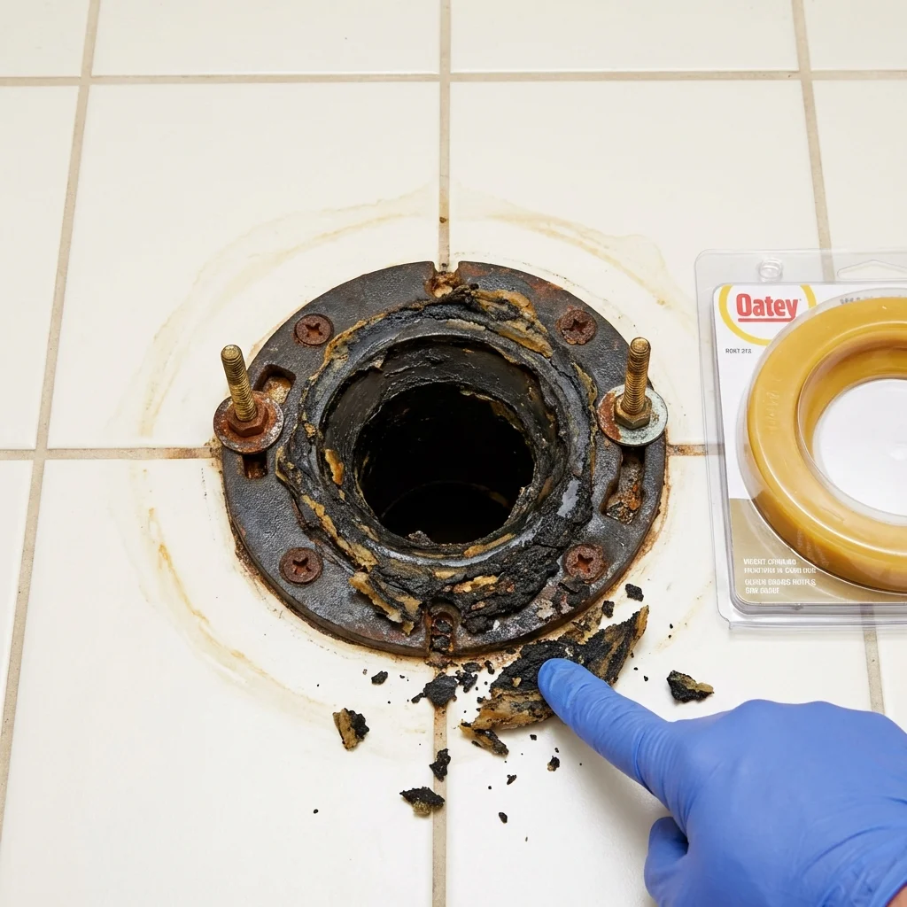Failed wax ring showing water seepage at the base of a toilet in a Park Forest, IL home