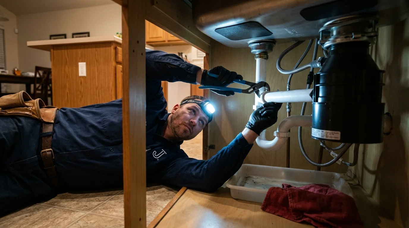 P-trap and supply line connections under a kitchen sink showing a common leak point in Park Forest, IL